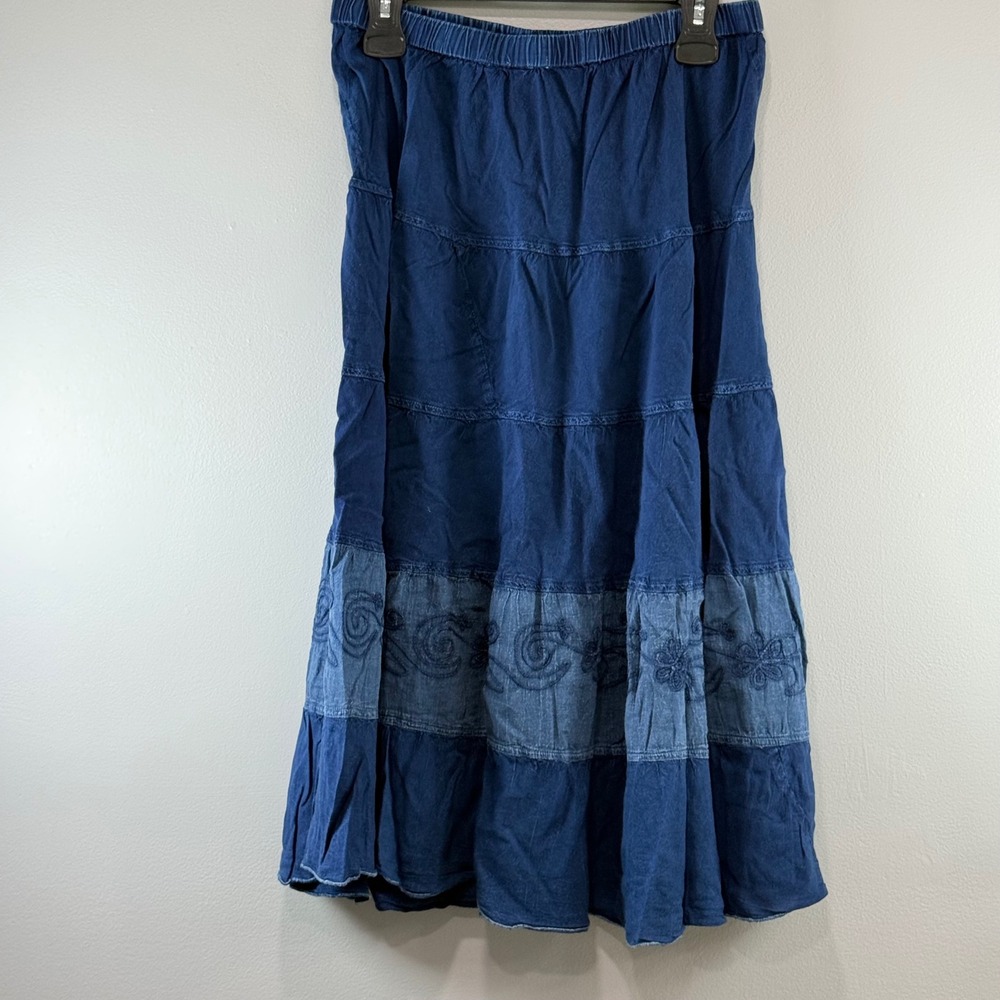 Studio West Apparel Blue Tiered Embroidered Boho Midi Skirt Womens Medium Rayon